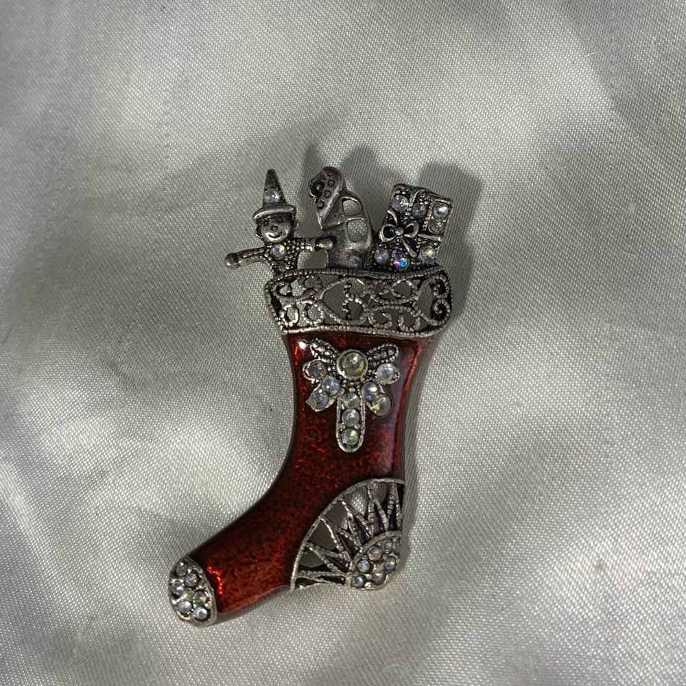Vintage Red and Silver Christmas Stocking Brooch